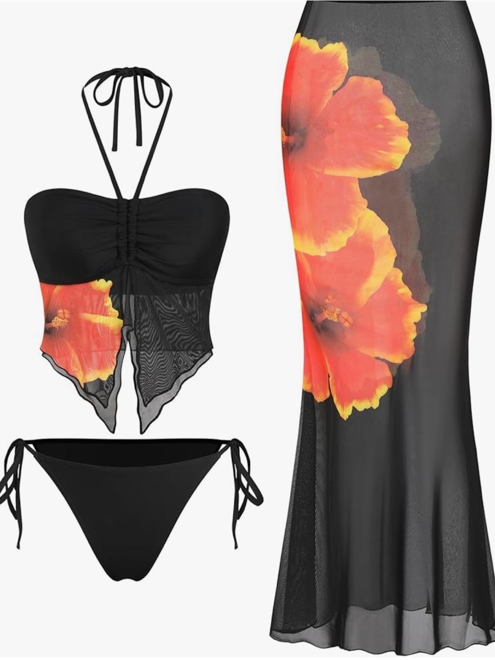 Boutique NWT 3-Piece Black Floral Mesh Tankini Set Cover-Up Skirt S